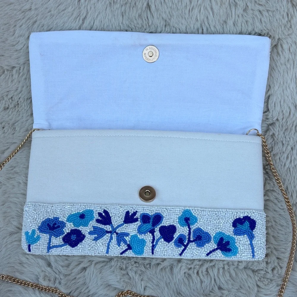 White Beaded 'Marriage Material' Floral Clutch